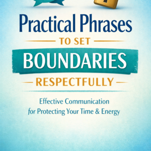 Professional book cover design for “Practical Phrases to Set Boundaries Respectfully” by Louise Blount, featuring teal speech bubbles, a gold padlock, and clean modern typography on a blue gradient background.