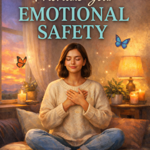 A serene woman sits cross-legged on a bed at sunset with her hands over her heart, surrounded by candles and butterflies, beneath the title “You’re Allowed to Prioritize Your Emotional Safety” and the author name Louise Blount.
