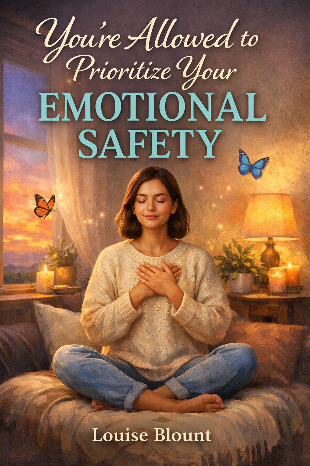A serene woman sits cross-legged on a bed at sunset with her hands over her heart, surrounded by candles and butterflies, beneath the title “You’re Allowed to Prioritize Your Emotional Safety” and the author name Louise Blount.