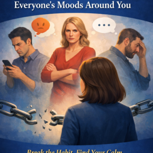Book cover featuring a woman facing three people displaying different emotions, with a broken chain symbolizing emotional freedom. The title “Stop Monitoring Everyone’s Moods Around You” appears in bold gold and white text, with the subtitle “Break the Habit, Find Your Calm” and the author name Louise Blount at the bottom.