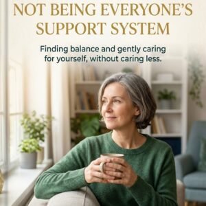 A professional e-book cover for "The Freedom of Not Being Everyone's Support System" by Louise Blount. The image features a serene woman with short, grey hair wearing a soft green sweater, sitting comfortably on a sofa and looking thoughtfully out a bright window while holding a ceramic mug.