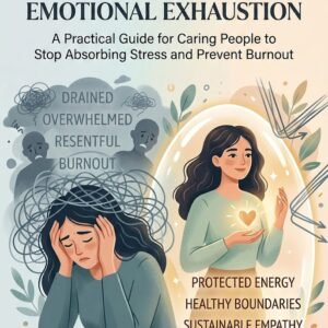 A split-screen illustration showing a woman's transformation from gray-toned emotional burnout to a glowing, protected state of calm resilience.