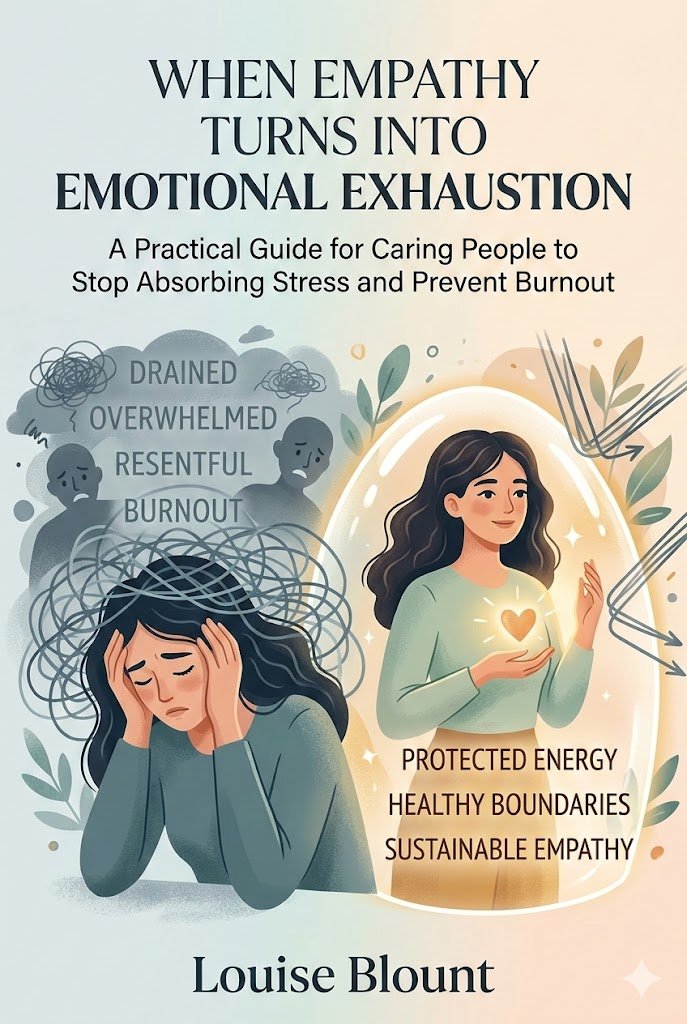 A split-screen illustration showing a woman's transformation from gray-toned emotional burnout to a glowing, protected state of calm resilience.