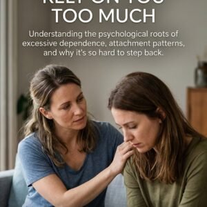 E-book cover for "Why Some People Rely on You Too Much" by Louise Blount. The image features two adult women sitting on a couch in a softly lit room. The woman on the left leans toward the other with a hand on her shoulder, wearing an expression of concern and weariness. The woman on the right looks downward, appearing distressed. The title is written in large, white, sans-serif font at the top, with a subtitle and the author's name at the bottom near a small logo of two hands holding one another.