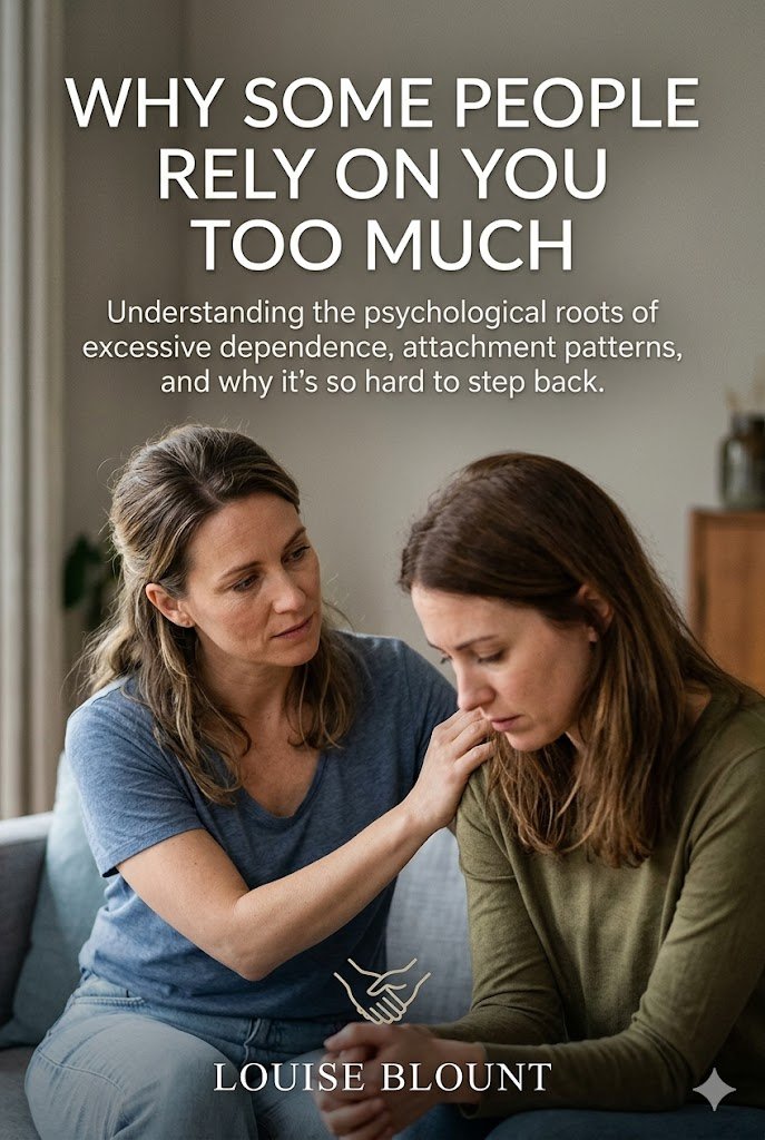 E-book cover for "Why Some People Rely on You Too Much" by Louise Blount. The image features two adult women sitting on a couch in a softly lit room. The woman on the left leans toward the other with a hand on her shoulder, wearing an expression of concern and weariness. The woman on the right looks downward, appearing distressed. The title is written in large, white, sans-serif font at the top, with a subtitle and the author's name at the bottom near a small logo of two hands holding one another.