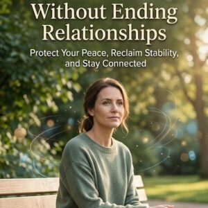 A thoughtful-looking woman in a green sweater sits on a wooden park bench surrounded by a sunlit green park, forming the book cover for "DETACH FROM DRAMA" by Louise Blount. The full title and author name are clearly legible.