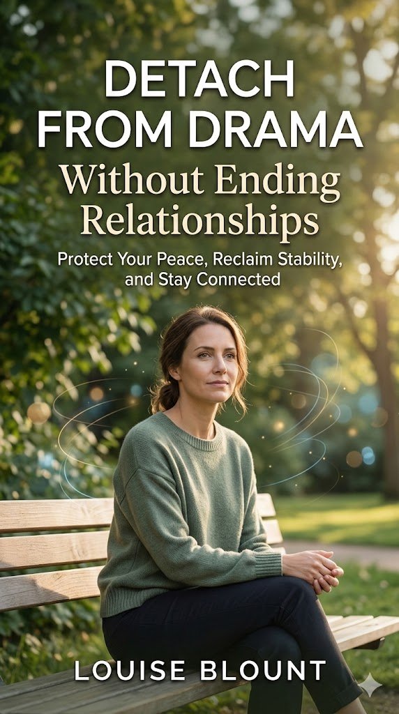 A thoughtful-looking woman in a green sweater sits on a wooden park bench surrounded by a sunlit green park, forming the book cover for "DETACH FROM DRAMA" by Louise Blount. The full title and author name are clearly legible.