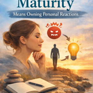 Book cover for “Emotional Maturity Means Owning Personal Reactions” by Louise Blount featuring a calm woman in profile, a sunset background, and symbolic imagery of transforming anger into insight.