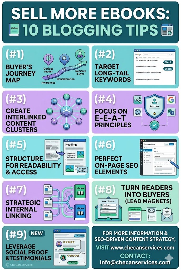 A vertical Pinterest infographic titled "SELL MORE EBOOKS: 10 BLOGGING TIPS" in a modern teal and purple color scheme. The graphic features nine numbered blocks with icons: 1) Buyer’s Journey Map, 2) Target Long-Tail Keywords, 3) Interlinked Content Clusters, 4) E-E-A-T Principles, 5) Readability Structure, 6) On-Page SEO, 7) Strategic Internal Linking, 8) Lead Magnets, and 9) Social Proof. The bottom footer contains the website www.checanservices.com and contact email info@checanservices.com.