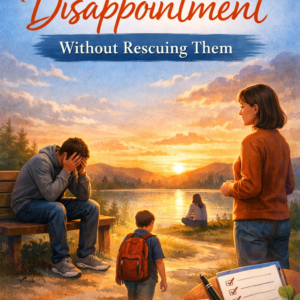 Illustrated self-help book cover showing a woman offering supportive presence while a man sits disappointed on a bench at sunset, with a child walking forward independently; titled “Let People Handle Disappointment Without Rescuing Them” by Louise Blount.