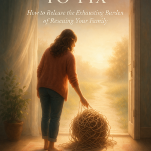 Woman standing in a doorway releasing a tangled ball of rope into sunlight, symbolizing emotional burden and letting go of family responsibility