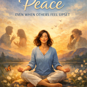 Illustrated book cover showing a calm woman meditating by a peaceful lake at sunset, with blurred figures arguing in the background and the title “You Deserve Peace Even When Others Feel Upset” by Louise Blount.