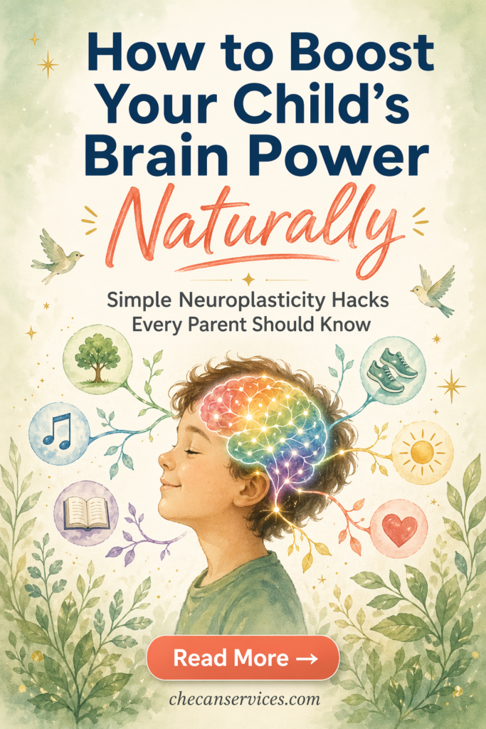 A soft watercolor-style Pinterest pin showing a happy child’s profile with a glowing, colorful brain connected to icons like a book, tree, music notes, running shoes, sun, and heart. Text reads “How to Boost Your Child’s Brain Power Naturally” with a call-to-action button “Read More.”