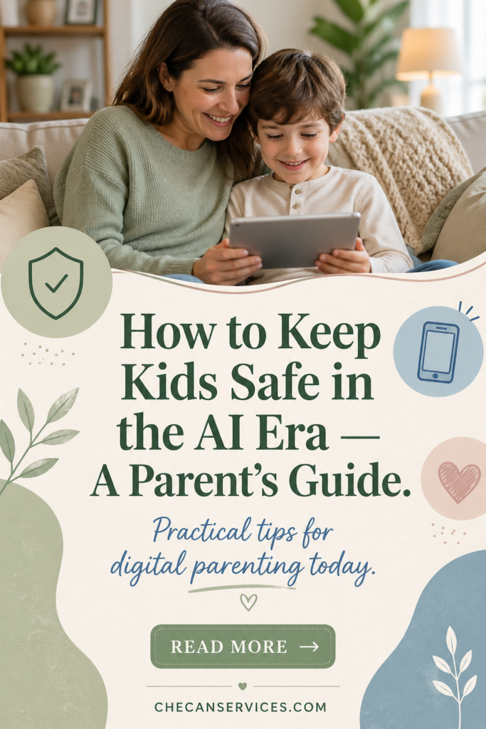 Parent and child sitting together on a cozy couch using a tablet, smiling warmly. Soft pastel design with sage green, cream, and dusty blue tones. Text reads “How to Keep Kids Safe in the AI Era — A Parent’s Guide” with subheading “Practical tips for digital parenting today,” plus icons of a shield, smartphone, and heart, and a “Read More” button with checanservices.com.