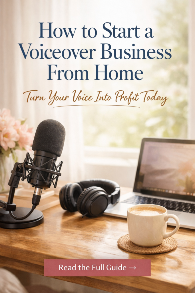 Cozy home voiceover workspace with microphone, headphones, laptop, and coffee on a wooden desk with soft natural light, featuring text about starting a voiceover business from home.