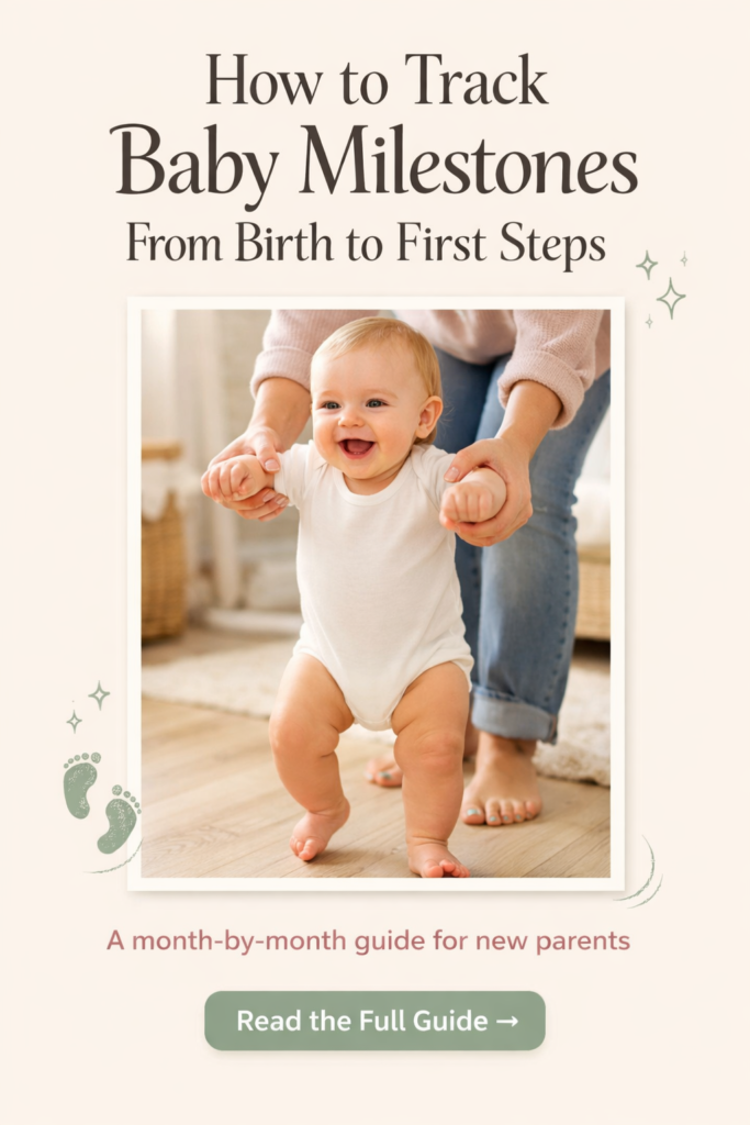 A smiling baby taking first steps on a light wood floor with a parent gently supporting from behind in a sunlit room, featuring text about tracking baby milestones from birth to first steps and a call-to-action to read a full guide.