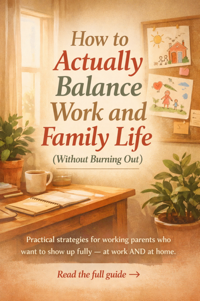 A cozy home office with a sunlit window, wooden desk, plants, and children’s drawings on a wall. Overlaid text reads “How to Actually Balance Work and Family Life (Without Burning Out)” with a subheading about practical strategies for working parents and a “Read the full guide” call-to-action.