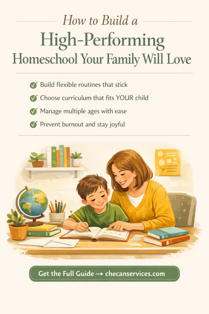 Mother homeschooling young child at table with books and globe, promoting a high-performing homeschool routine