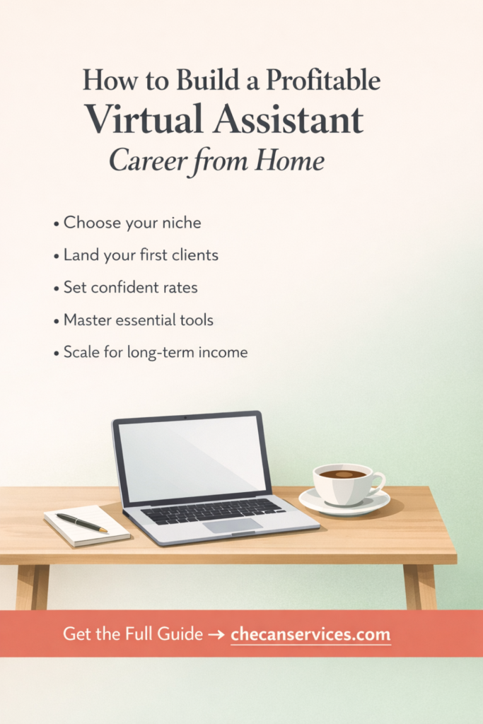 Vertical Pinterest pin with a soft cream-to-sage gradient background featuring a bold headline about building a profitable virtual assistant career from home, five bullet points on starting and scaling, a minimalist desk illustration with a laptop and coffee cup, and a coral call-to-action banner linking to checanservices.com.