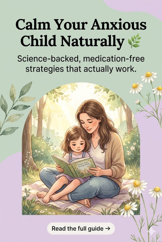 A vertical Pinterest pin with a soft sage green and lavender background. In the center, a warm watercolor illustration shows a mother and young daughter sitting on a plaid blanket in a sunlit forest, peacefully reading a book together. The pin features bold text at the top: "Calm Your Anxious Child Naturally" and "Science-backed, medication-free strategies that actually work." Delicate chamomile flowers and botanical accents frame the bottom, with a "Read the full guide" button.