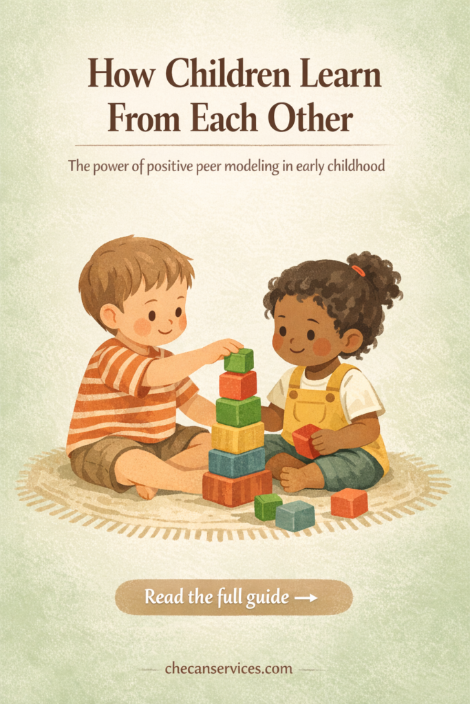 A soft, sage-green Pinterest-style graphic showing two young children playing together, with one gently helping the other stack blocks. The design features warm, natural textures and serif text reading “How Children Learn From Each Other,” with a subtitle about positive peer modeling and a call-to-action to read the full guide.