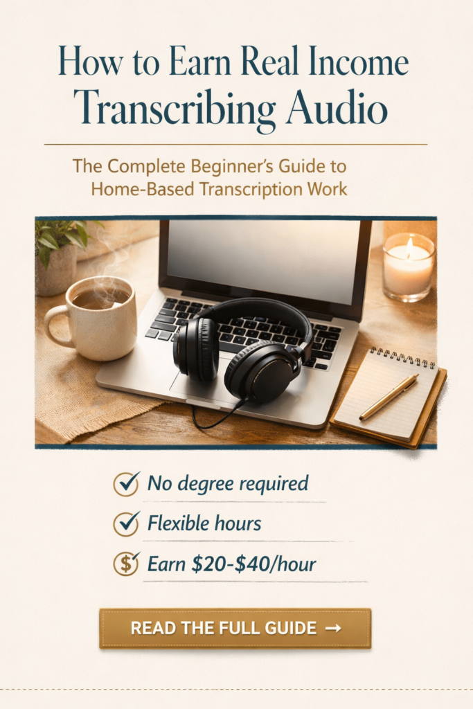 Pinterest pin showing a cozy home workspace with a laptop, headphones, coffee mug, and notebook, featuring the text “How to Earn Real Income Transcribing Audio” and beginner-friendly tips about flexible, home-based transcription work.
