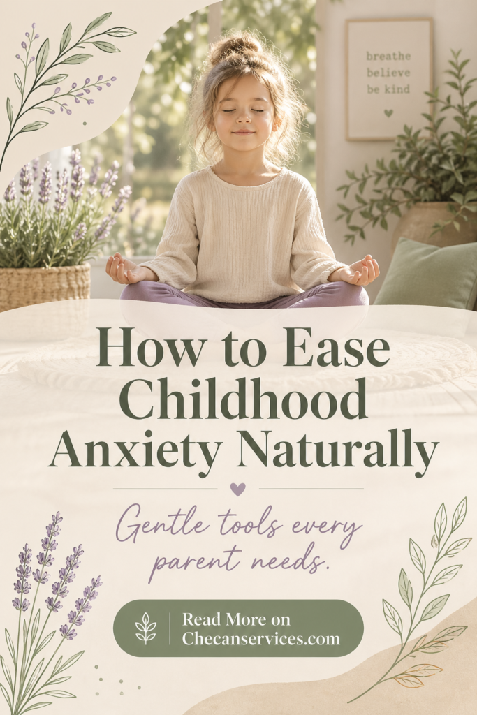 A peaceful child sitting cross-legged with eyes closed in a sunlit room, surrounded by soft greenery and pastel tones. Text overlay reads “How to Ease Childhood Anxiety Naturally” with a gentle subtitle and a calming call-to-action.