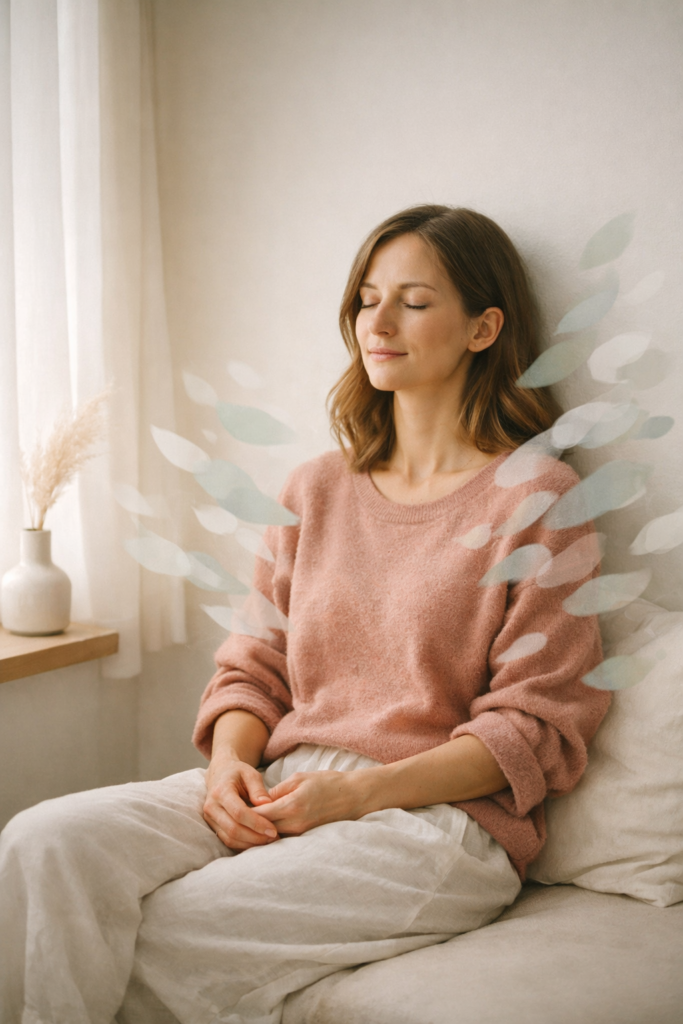 Woman sitting peacefully by a sunlit window with eyes closed, surrounded by soft abstract shapes symbolizing emotional release