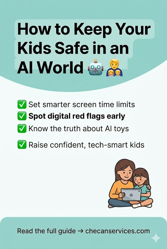 A bright Pinterest graphic with a soft teal header and warm white background. The bold headline reads "How to Keep Your Kids Safe in an AI World" with a robot and family emoji. Four green checkmarks list tips: set smarter screen time limits, spot digital red flags early, know the truth about AI toys, and raise confident, tech-smart kids. A friendly, modern illustration shows a mother and child sitting together looking at a tablet. The bottom teal bar includes the text "Read the full guide → checanservices.com."