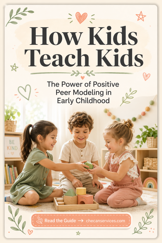 Three young children happily playing together on the floor in a bright, cozy room, sharing wooden toys and helping each other. Soft pastel design with playful doodles and the headline “How Kids Teach Kids” highlights positive peer modeling in early childhood.