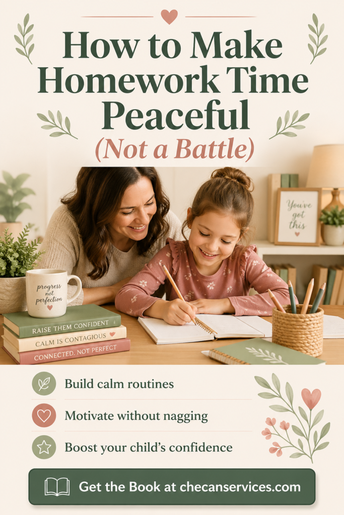 A warm-toned Pinterest graphic showing a smiling parent and child sitting together at a cozy desk, working on homework with books and pencils. The design uses soft cream, sage green, and dusty rose colors, with text promoting calm routines, motivation without nagging, and building a child’s confidence.