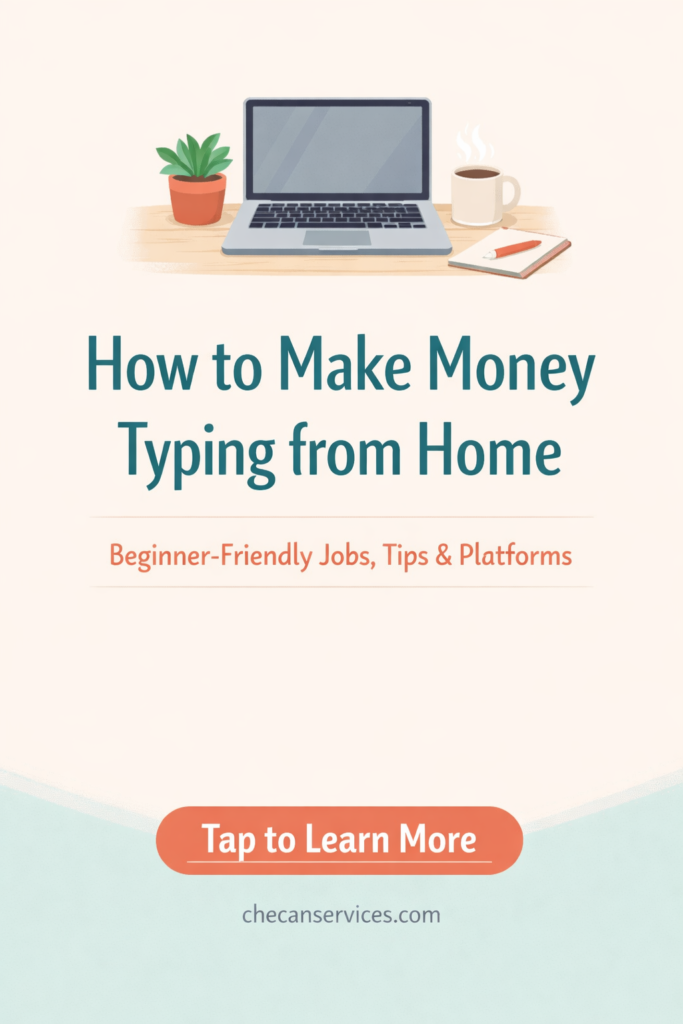 Minimalist Pinterest pin with a cozy home workspace illustration showing a laptop, plant, coffee cup, and notebook on a desk. Text reads “How to Make Money Typing from Home” with subheading “Beginner-Friendly Jobs, Tips & Platforms” and a coral button saying “Tap to Learn More,” plus the URL checanservices.com.