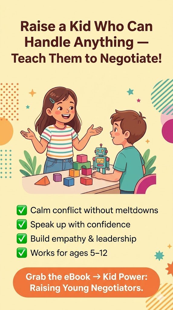 A bright, playful Pinterest pin with a pastel yellow background. It features an illustration of a young girl and boy confidently talking while playing with building blocks. The text reads 'Raise a Kid Who Can Handle Anything — Teach Them to Negotiate!' with benefits listed and a call-to-action for the eBook 'Kid Power.'