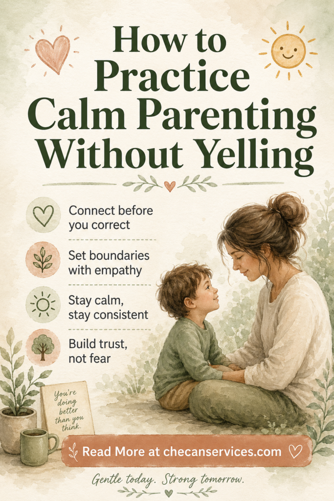 Soft watercolor Pinterest pin showing a calm parenting theme with a mother and child sitting together, featuring tips like “connect before you correct” and “set boundaries with empathy” in sage green and terracotta tones.