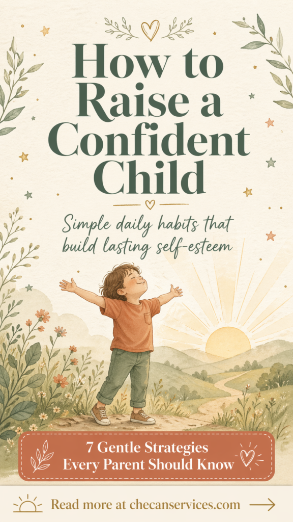 Illustration of a happy young child standing outdoors with arms wide open at sunrise, surrounded by soft greenery and warm earthy tones, with text about building confidence in children through simple daily habits.