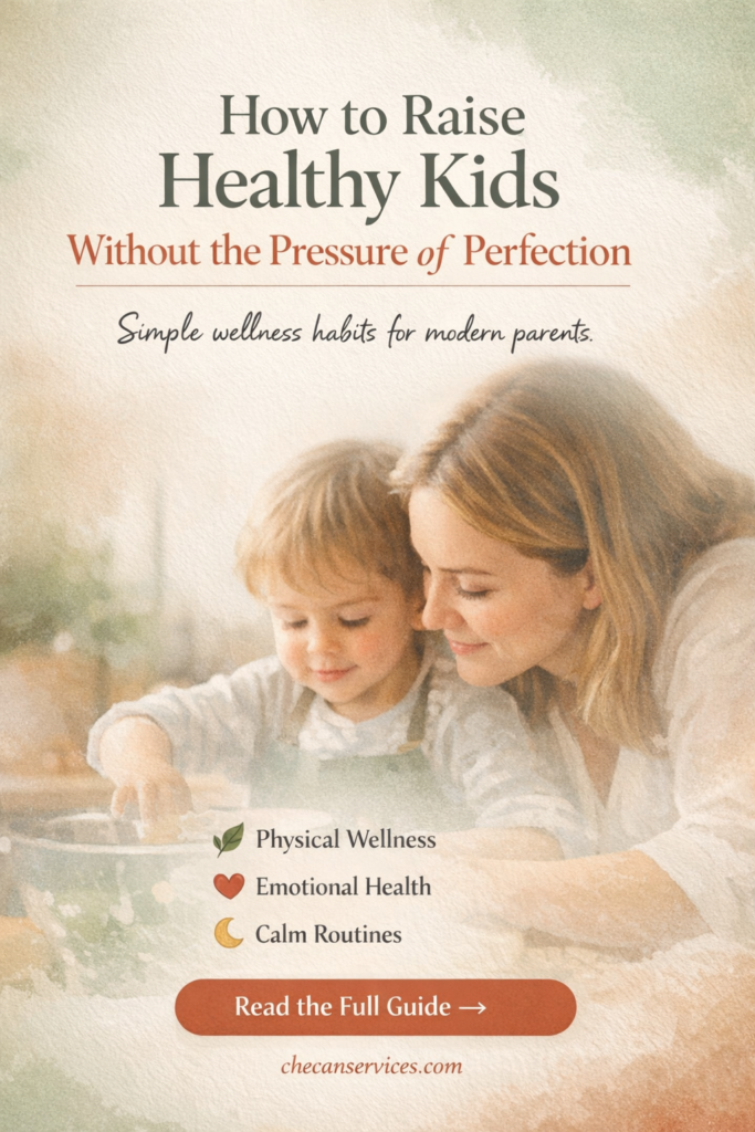 Mother and child cooking together in a warm, calming setting with text about raising healthy kids without perfection and simple wellness habits for parents.