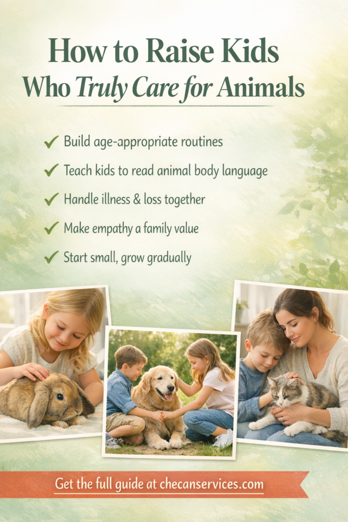 Infographic on raising kids who care for animals with tips and photos of children gently interacting with pets like a rabbit, dog, and cat