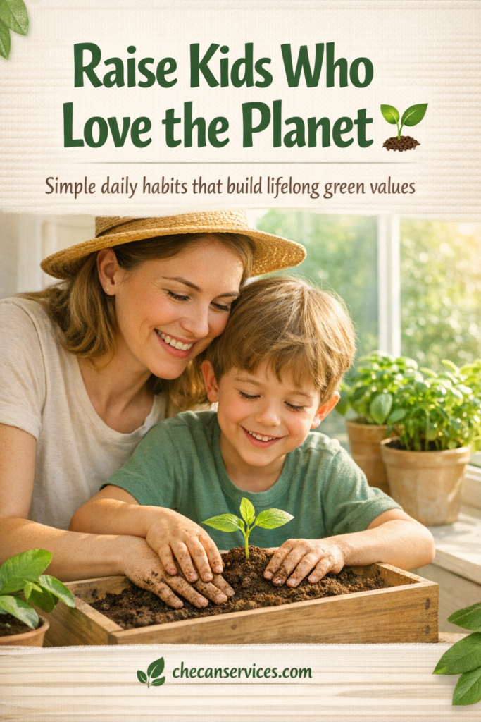 Mother and young boy planting a seedling together indoors, teaching kids eco-friendly habits and love for the planet