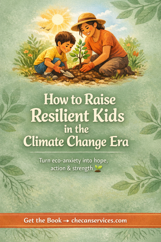 Mother and child planting a tree together outdoors, illustrating raising resilient kids in the climate change era