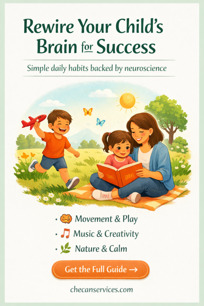 Mother reading a book with her daughter outdoors while a young boy plays with a toy airplane, promoting child brain development and daily habits for success