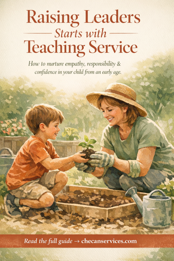 Child and adult planting a seedling together in a warm garden scene with inspirational parenting text about teaching service.
