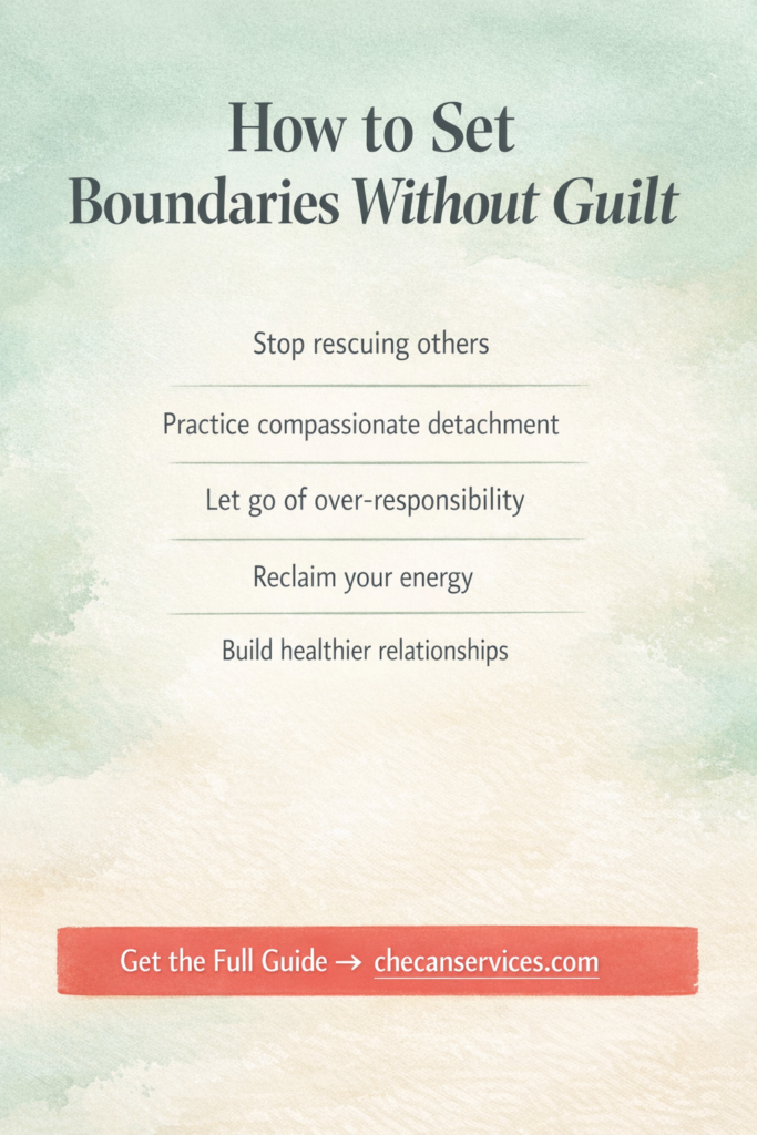 Vertical Pinterest graphic with soft sage green and ivory watercolor background featuring the title “How to Set Boundaries Without Guilt,” five tips on emotional boundaries, and a coral call-to-action banner linking to checanservices.com.