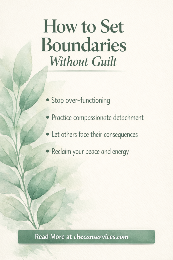 Vertical Pinterest-style graphic with soft sage green watercolor leaves on a cream background, titled “How to Set Boundaries Without Guilt,” featuring bullet points about over-functioning, detachment, consequences, and reclaiming peace, with a CTA to checanservices.com.
