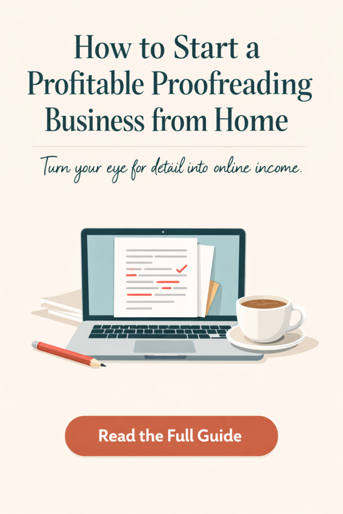 How to start a profitable proofreading business from home with laptop, edited document, coffee, and pencil illustration