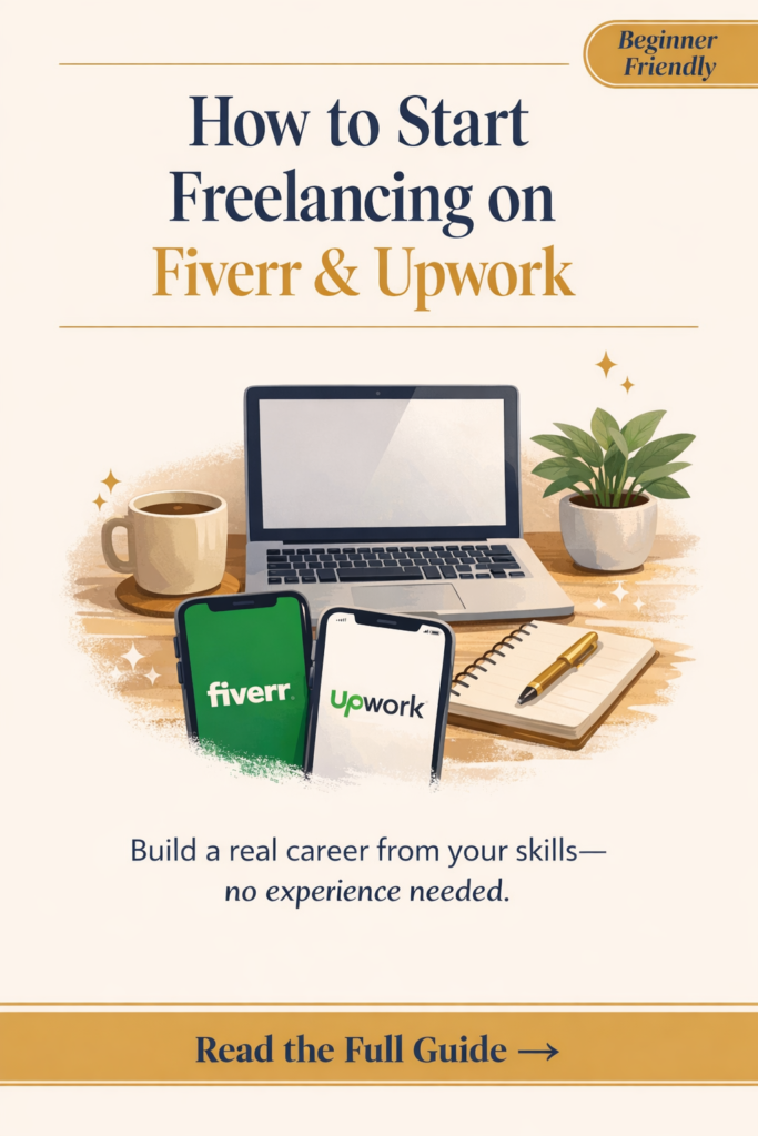 Vertical Pinterest pin showing a cozy freelancer workspace with a laptop, coffee mug, notebook, and plant, alongside mobile screens displaying Fiverr and Upwork apps, with text about starting freelancing and building a career with no experience.