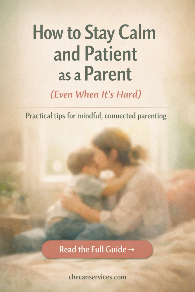 A warm, softly lit Pinterest graphic showing a parent gently hugging a toddler in a cozy home setting. Overlay text reads “How to Stay Calm and Patient as a Parent (Even When It’s Hard)” with a subtitle about mindful, connected parenting and a “Read the Full Guide” call-to-action.