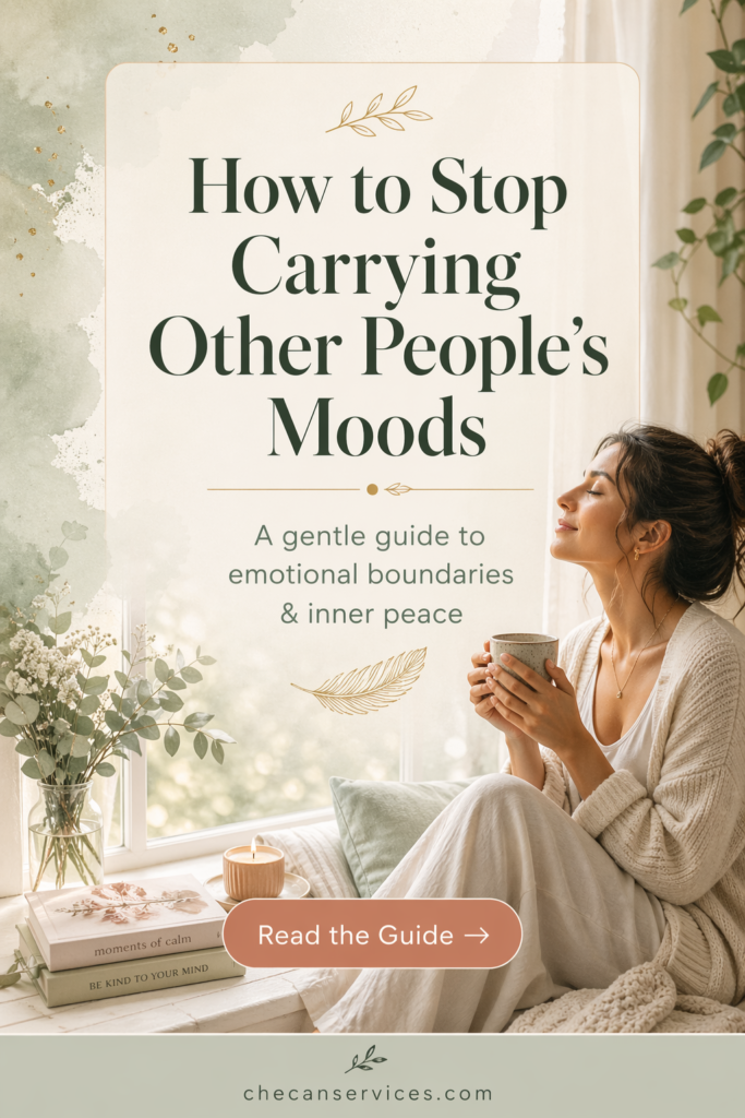 A serene Pinterest graphic featuring a woman sitting peacefully by a sunlit window holding a cup of tea, eyes closed. Soft sage green, cream, and terracotta tones with elegant typography reading “How to Stop Carrying Other People’s Moods” and a call-to-action button.