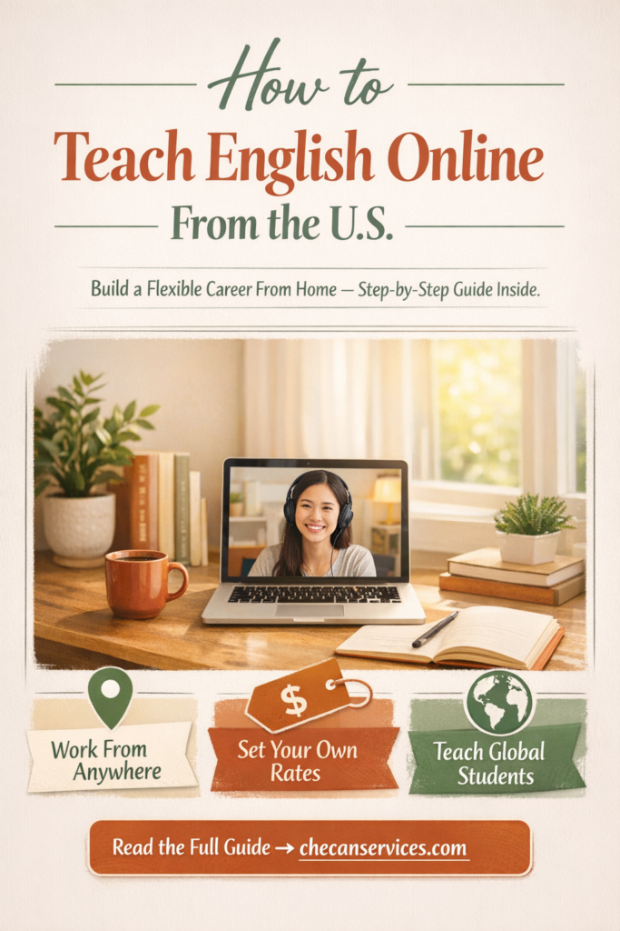A cozy home workspace with a laptop showing a smiling student on a video call, surrounded by a notebook, coffee mug, plant, and books in soft natural light. Text overlay reads “How to Teach English Online From the U.S.” with subheading about building a flexible career from home and a call-to-action to read the full guide.