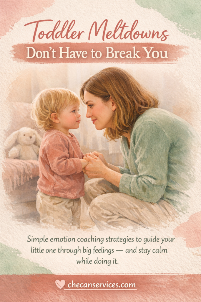 A calm parent kneels at eye level with a toddler, gently holding their hands and making soft eye contact in a cozy room with pastel tones. Text overlay reads “Toddler Meltdowns Don’t Have to Break You” with supportive guidance about emotion coaching.