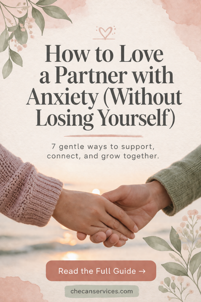 A soft, calming Pinterest pin with a watercolor background in blush and cream tones, featuring a couple gently touching foreheads at sunset. The text reads “How to Love a Partner with Anxiety (Without Losing Yourself)” with a subtitle about 7 gentle ways to support, connect, and grow together, and a call-to-action button to read the full guide.